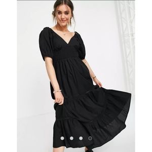 ASOS DESIGN shirred waist broderie insert maxi dress in black